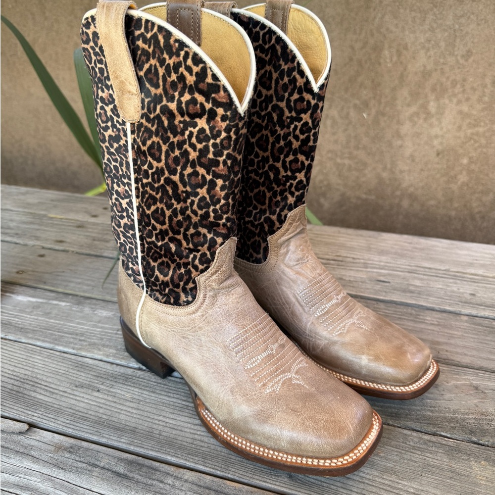 Tan Leather & Leopard Print Women's Cowboy Boots OFFERS WELCOME